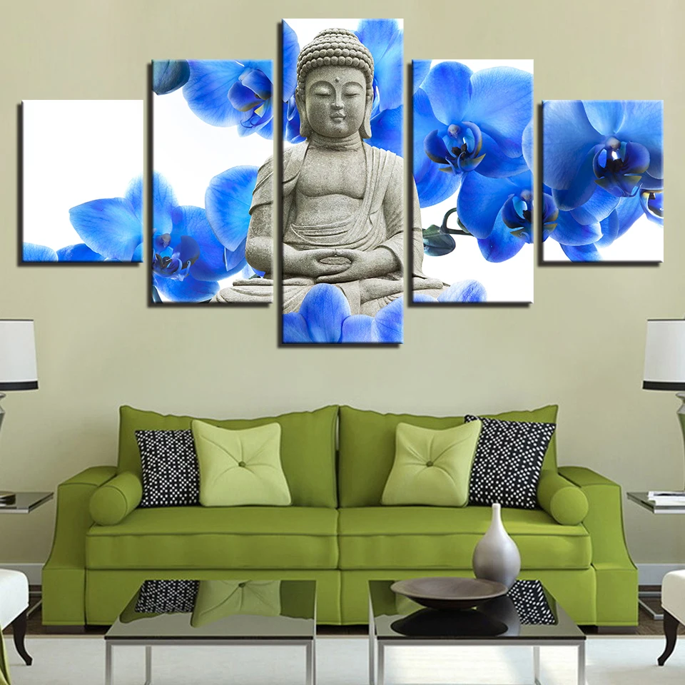 

Modern HD Printed Blue Flower Paintings Modular Posters 5 Panel Buddha Home Decoration Tableau Wall Artwork Pictures Canvas