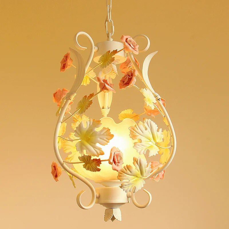 

Pastoral romantic style Korean wrought iron pendant light pink rose flower bedroom dining room hanging lighting lamp