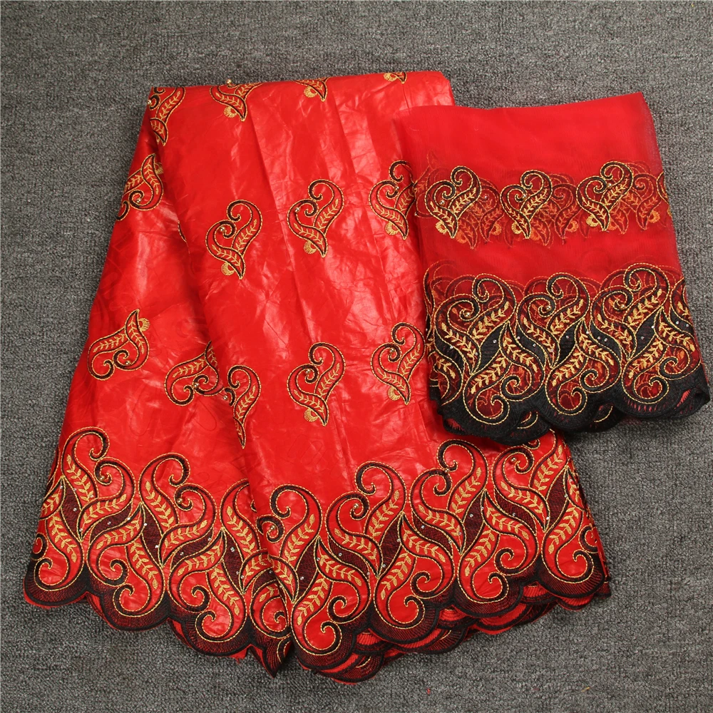 

African lace fabric guinea bazin riche fabric set with 2yard french net lace for blouse 2017 latest bazin riche getzner red