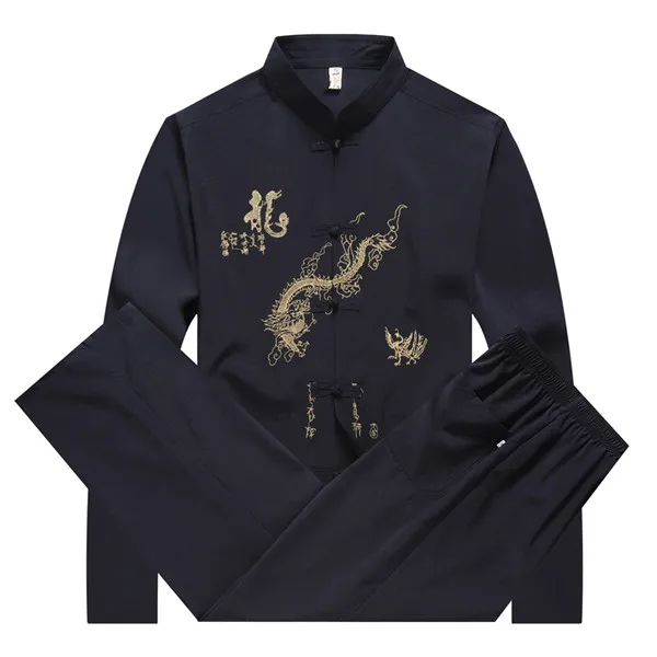 Мужская рубашка с длинными рукавами и брюки китайский традиционный Мандариновый воротник кунг-фу комплект азиатской вышивки дракона тайчи Тан костюм Размер m-xxxl - Цвет: Синий