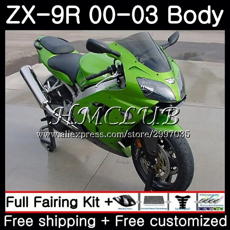 Корпус глянцевый зеленый для KAWASAKI NINJA ZX 9R 9 R 900 ZX-9R 2000 2001 2002 2003 62HC. 4 ZX900 900CC ZX9 R ZX9R 00 01 02 03 обтекатель