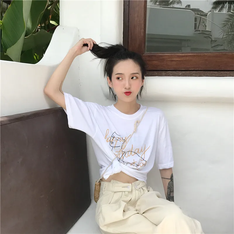 KYMAKUTU Chic иероглиф Hipster футболки с круглым вырезом короткий рукав Для женщин