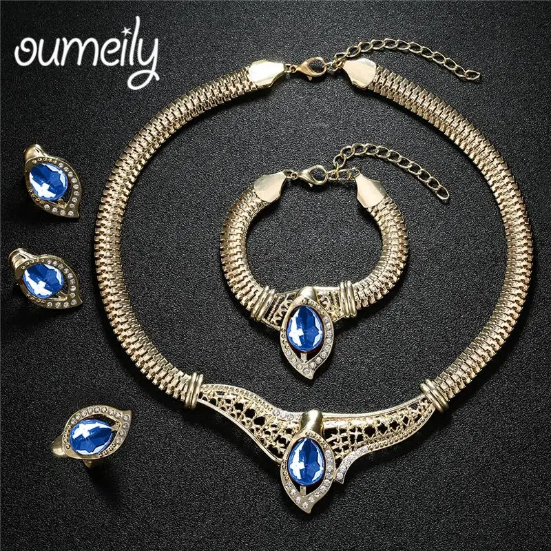 

OUMEILY Dubai Gold Color Jewelry Sets for Women African Beads Crystal Bridal Jewellery Set Blue Rhinestone Costume Jewelry