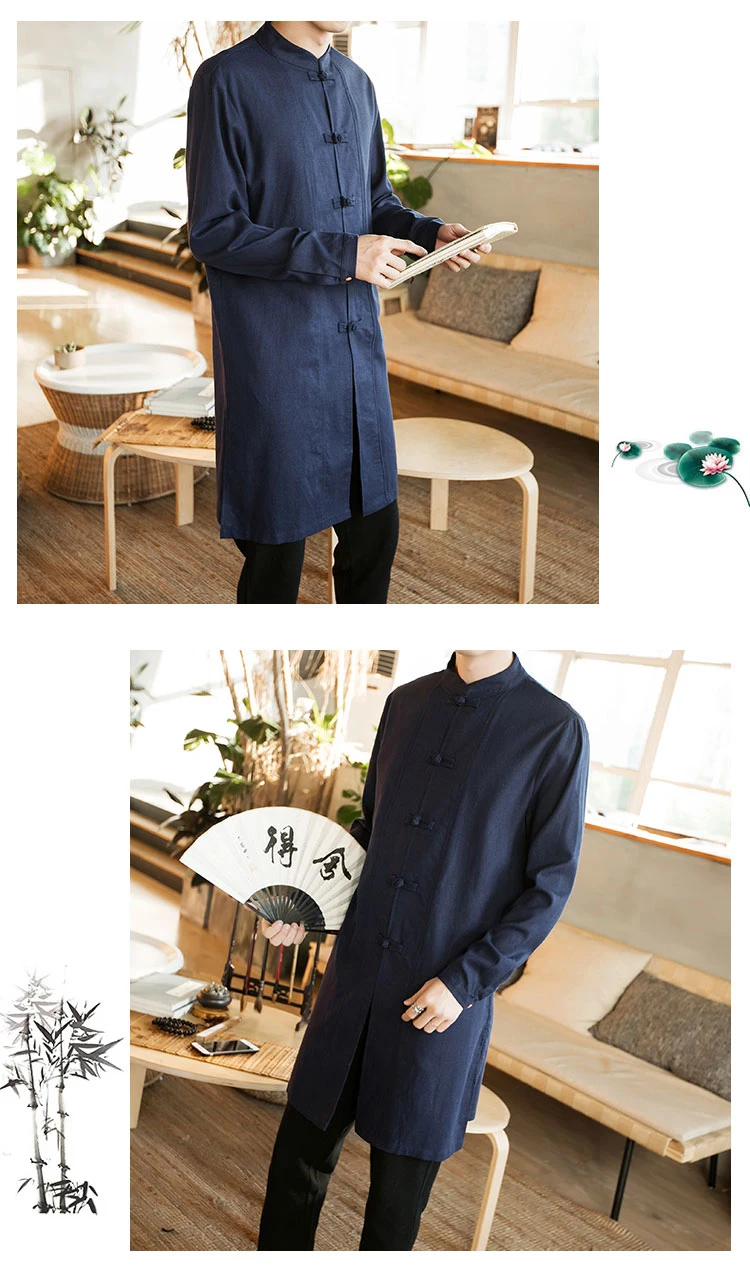 Новые повседневные винтажные мужские хлопковые льняные длинные рубашки с длинным рукавом, рубашки с воротником-стойкой, Китайская традиционная одежда, мужская рубашка, костюм