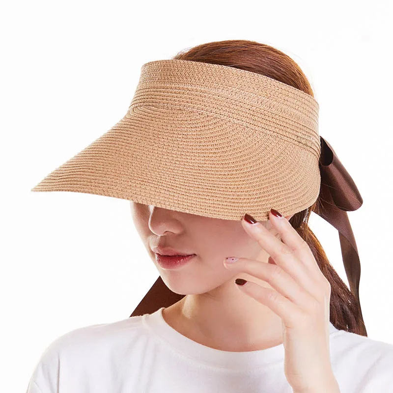 Новая черная лента соломенный козырек женская летняя шляпа Топ пустой Регулируемый Твердый солнцезащитный козырек женская шляпа