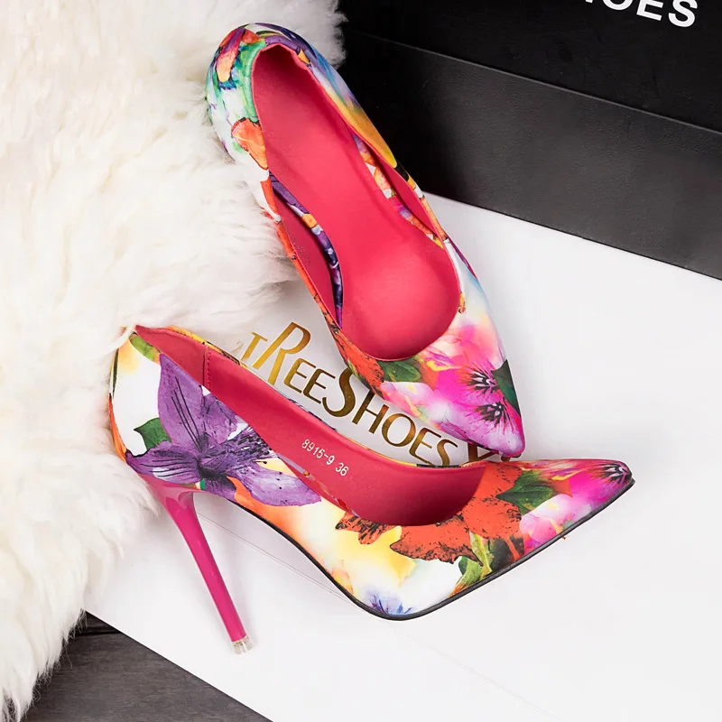 Women Pumps High Heels 10CM Colorful Ladies Floral Printing Shallow Slip On Pointed Toe Office Shoes Female Wedding Shoe Footwer