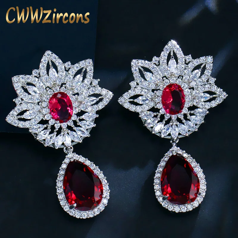 Серьги капельки CWWZircons с розовыми красными синими кристаллами хорошее
