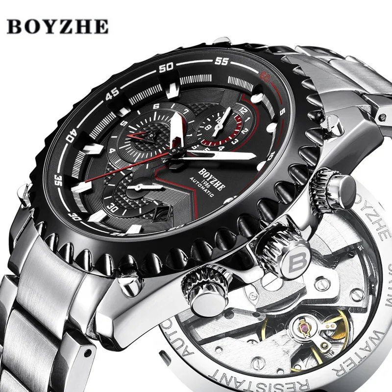 

BOYZHE 2018 New Men Automatic Mechanical Watch Waterproof Sport Luxury Brand Watch Men Stainless Steel Watches Relogio Masculino