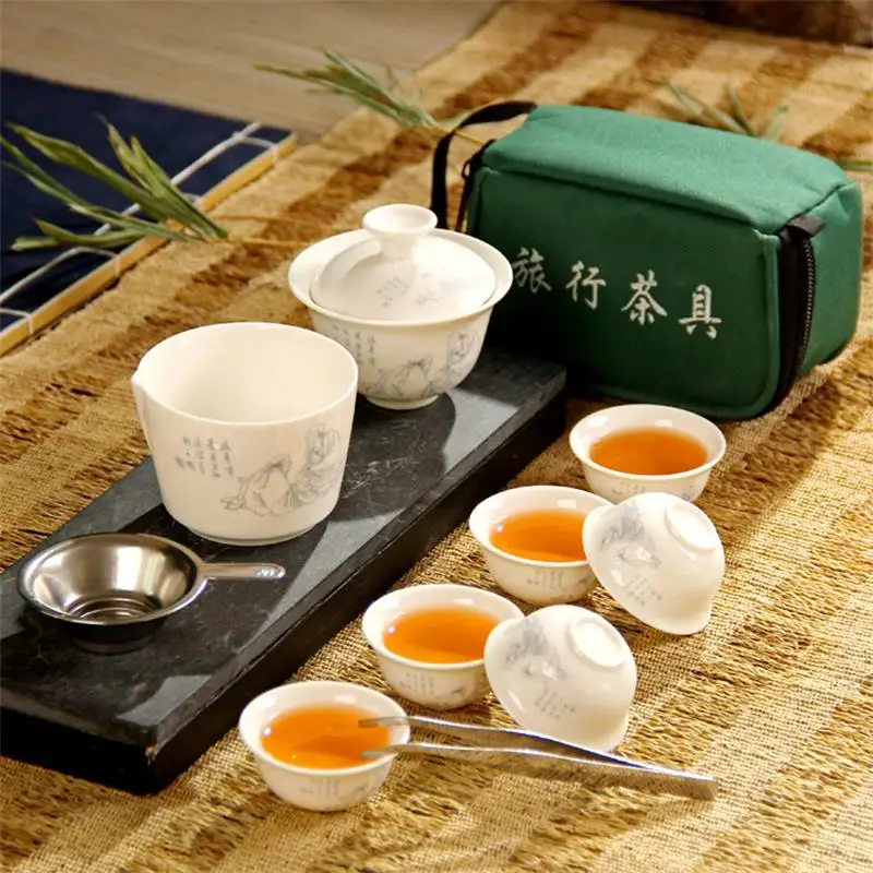 11 Pcs Travel Tea Sets Chinese Portable Ceramic Bone China Cha Ju