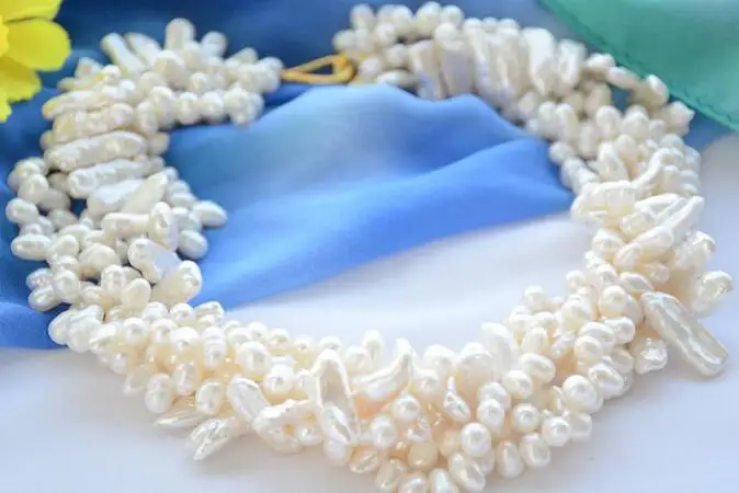 

FREE SHIPPING>>>@@ > 3474 5strands white biwa / rice freshwater cultured pearl necklace