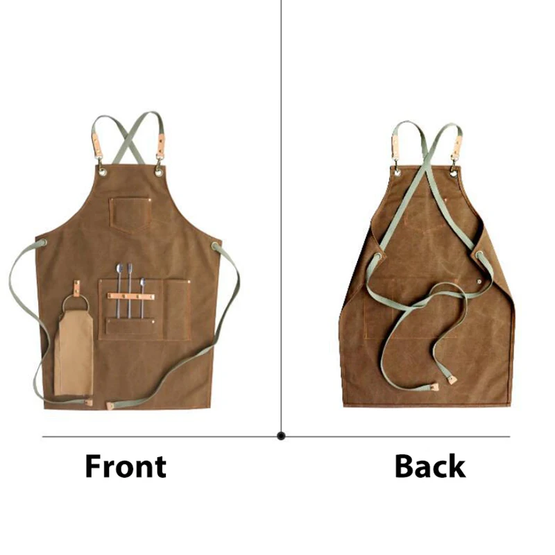 2019 BBQ Canvas Apron Bib Leather Chef Kitchen Apron For Women Men Barista Bartender Pockets Home Barber Cook Coffee Restaurant