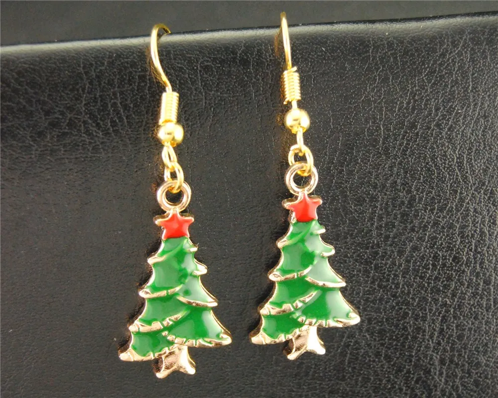 GoldEnamelChristmasTreeDropDangleEarringsEardropHandmadeAlloy