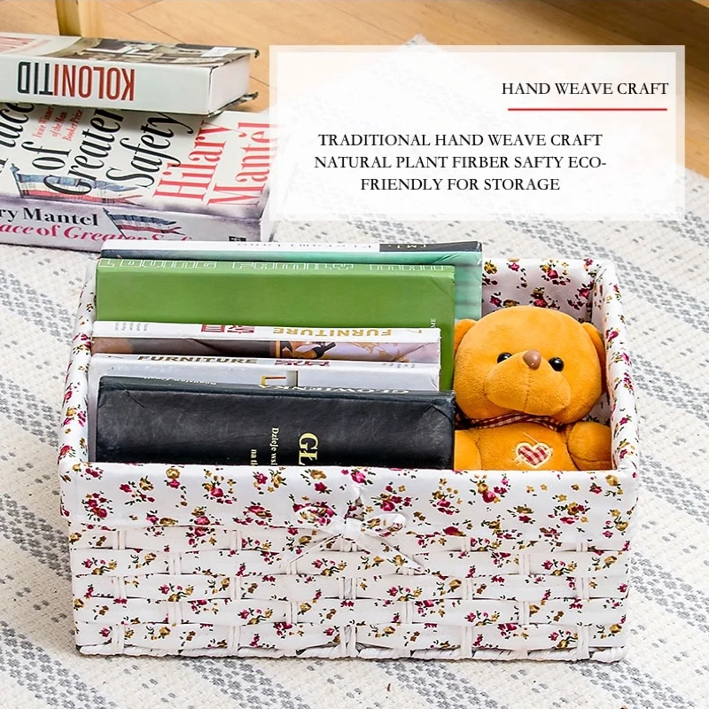

Straw storage basket for toys with printing fabric table snack neatening storage boxes paper rope steel frame with cotton lining