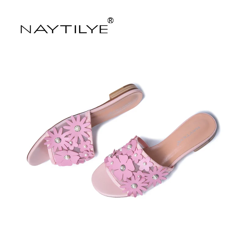 Naytilye эко-кожи повседневные сандалии тапочки женская летняя обувь из сетчатого материала с цветами жемчуг розовый белый российский размер 35-40