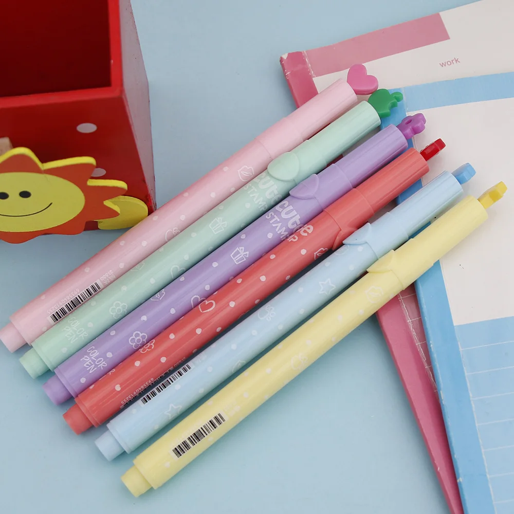 6Pcs/Lot Cute Candy Color Kawaii Highlighters Inks Stamp Pen Creative