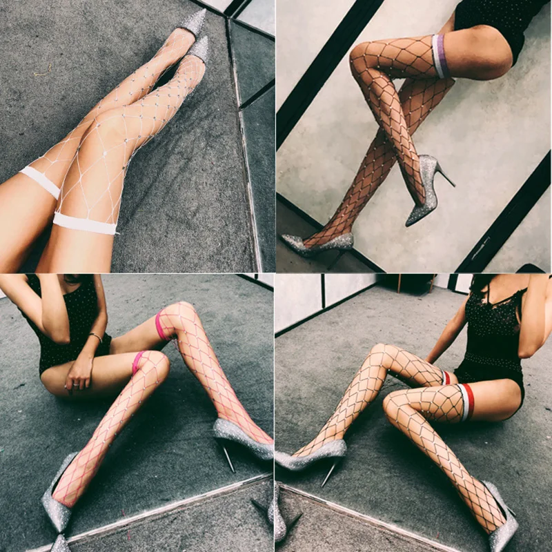 

New Arrival Women Sexy Stockings Female Pantyhose Fishnet Thigh High Diamond Big Net Female Stockings Rhinestone Hosiery Meias
