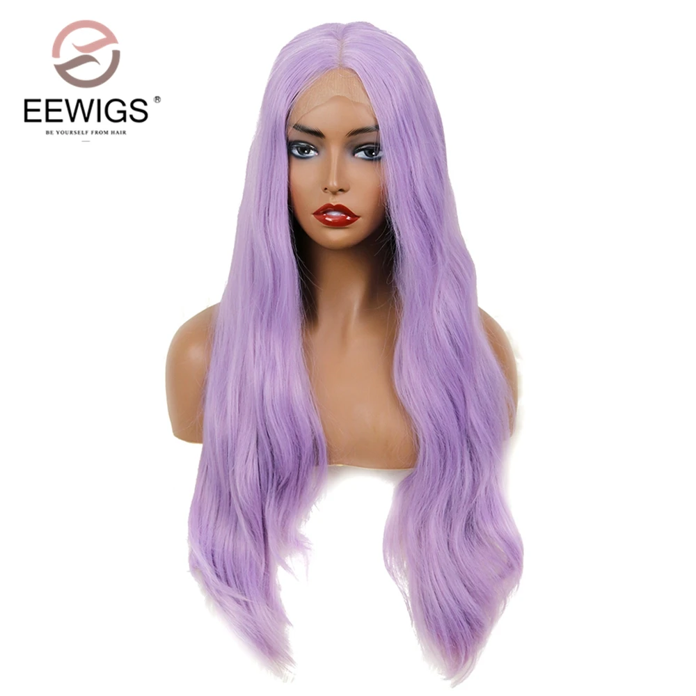 EEWIGS светильник Фиолетовый Натуральный прямой синтетический парик на кружеве высокая температура Glueless цвет лаванды парики для женщин вечерние