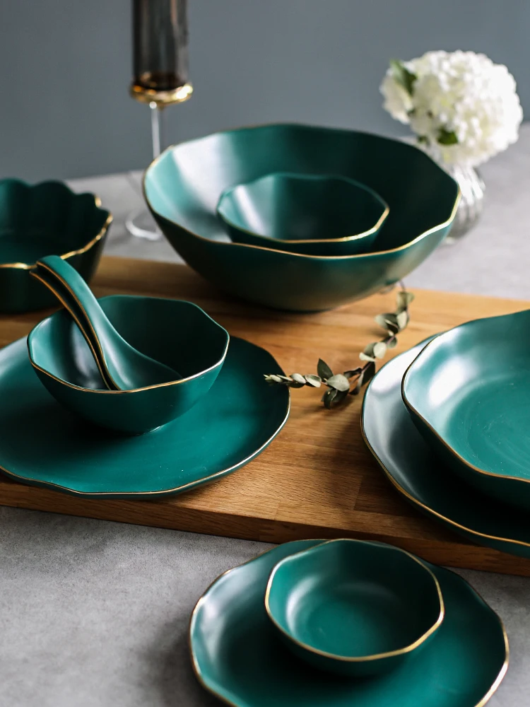 Японская Фарфоровая столовая посуда столовая тарелка набор кухонных столовых приборов зеленая керамическая тарелка Суповая тарелка