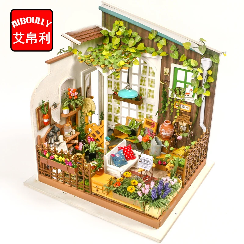 

Miniature Furniture Kit with LED Light Handmade DIY Wood Craft Dollhouse Decor Garden