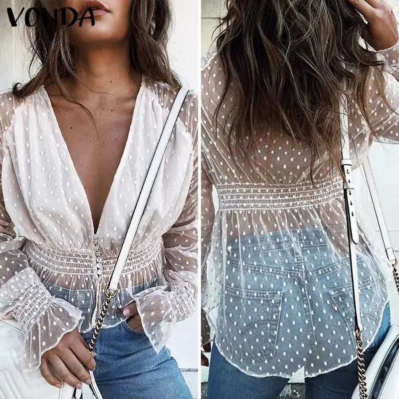 VONDA, Женская кружевная блузка, открытая спина, сетчатая рубашка,, повседневная, с длинным рукавом, из кусков, полые топы, шикарная блузка, сексуальные топы, блузы размера плюс