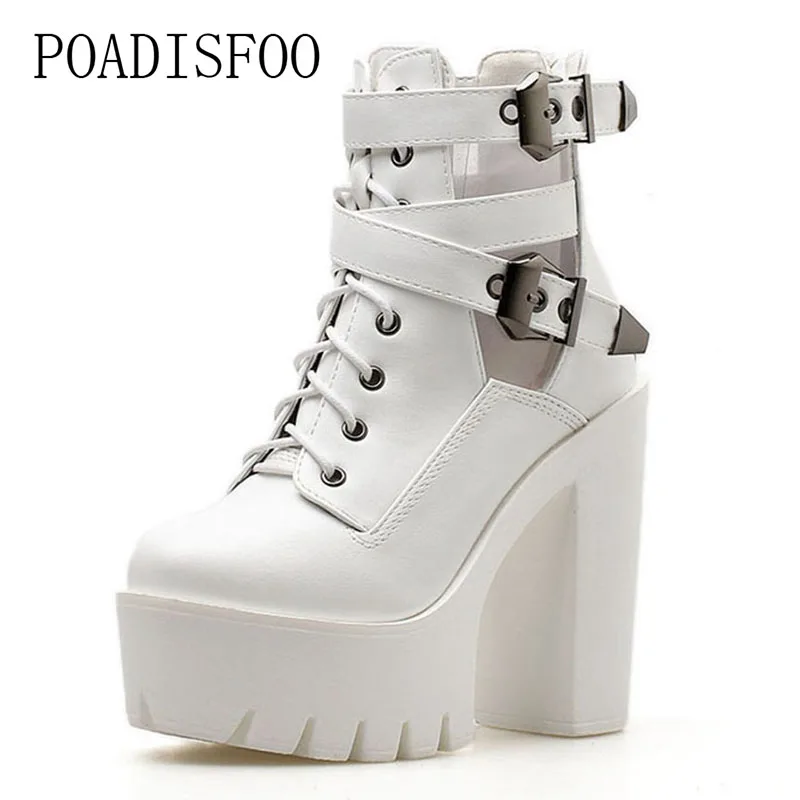 

POADISFOO 2018 New Super High Heels Martin Boots Real Shot Spot Thick With Belt Buckle Ankle Boots Platform women .JXQ-518-1