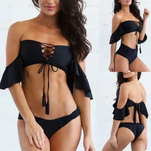 

New Women Bandge Off Shoulder Ruffle Bikini Set Padded Bra Swimsuit Swimwear Bath Suits