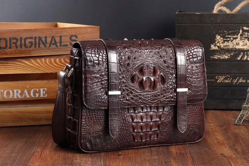 Bandolera de piel de cocodrilo auténtica para hombre, bolso de hombro de marrón, 100%|business messenger bag|g bag menbag business AliExpress