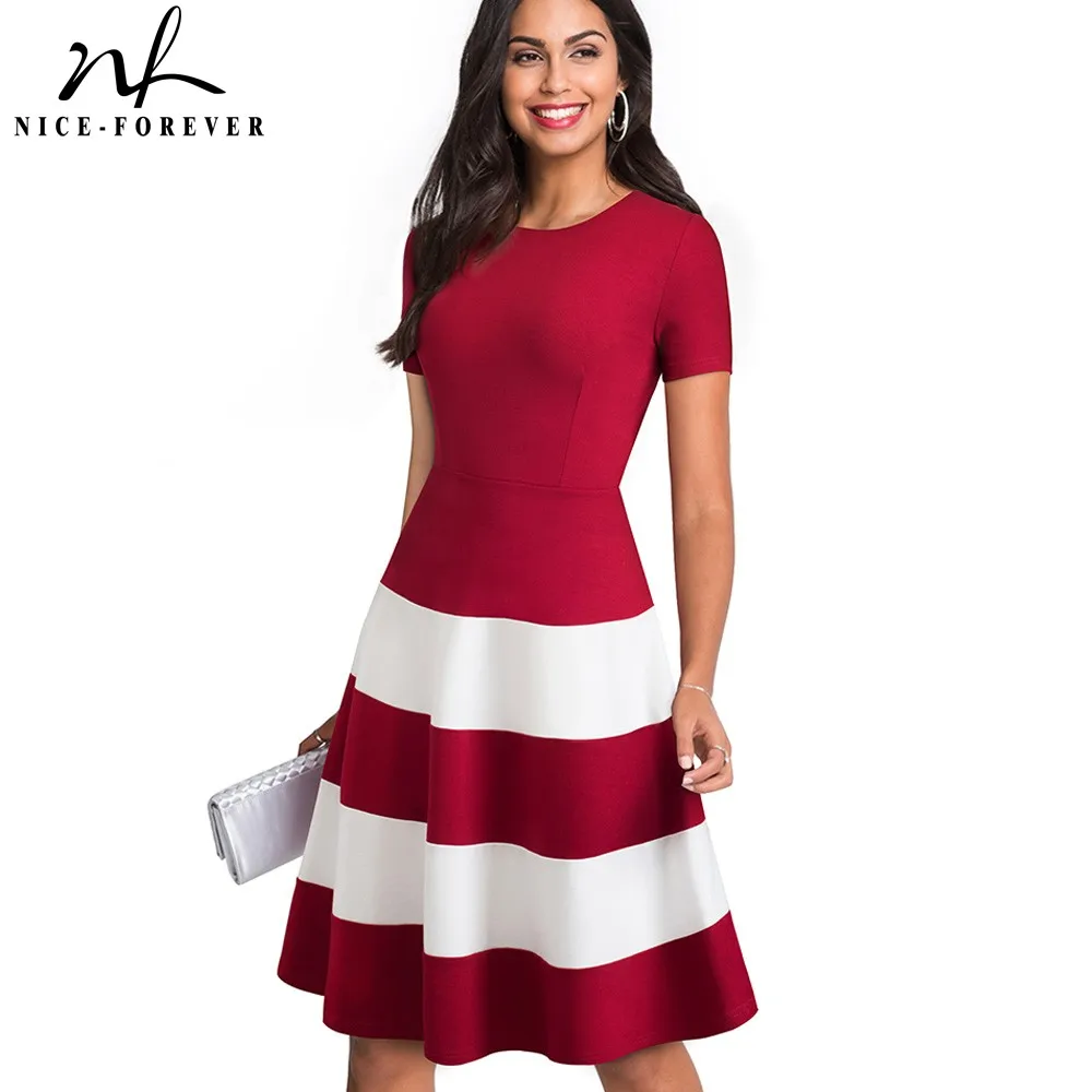 

Nice-forever 1950s Retro Contrast Color Patchwork Round Neck Female vestidos Business Party Flare A-Line Women Dress A142