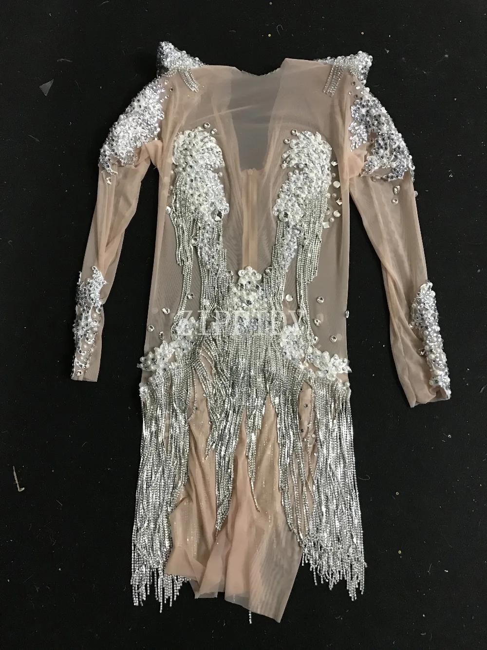 Summer Mesh Sexy Pearls Crystals Chains Dress See