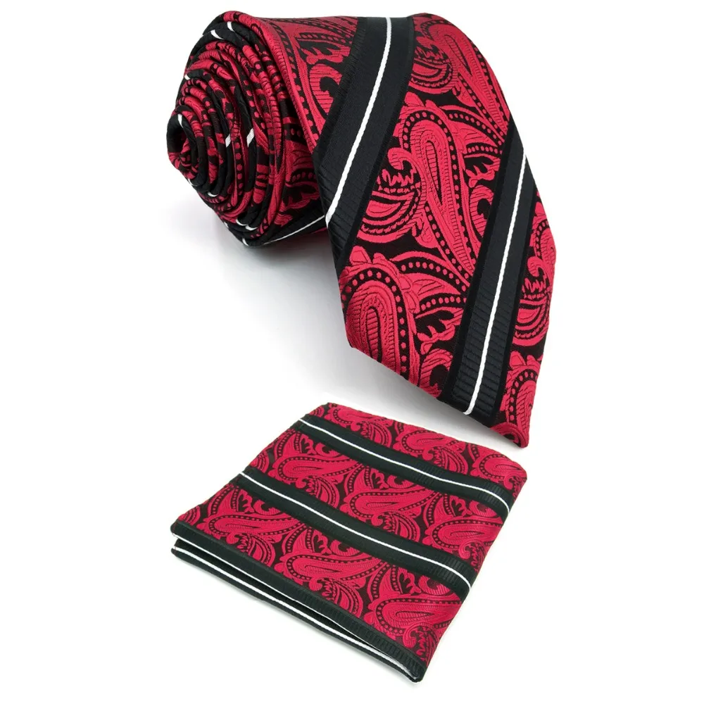 S8 Paisley Stripes Black Red White Mens Necktie Set 100 Silk Wedding