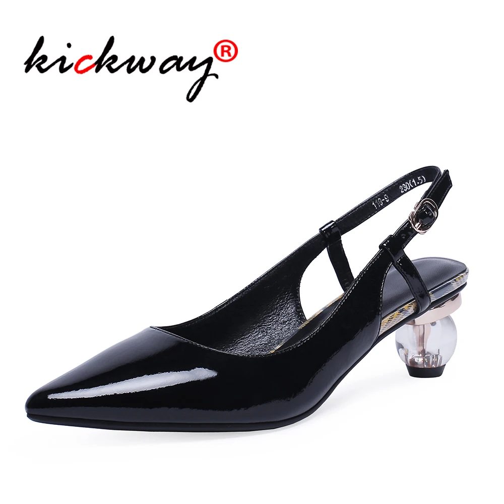 

2019 New Summer Women's Sandals Genuine Leather Pointed Toe Fashion Mid Heel Women Sandals Slingback Heels Black Shoes Size34-39