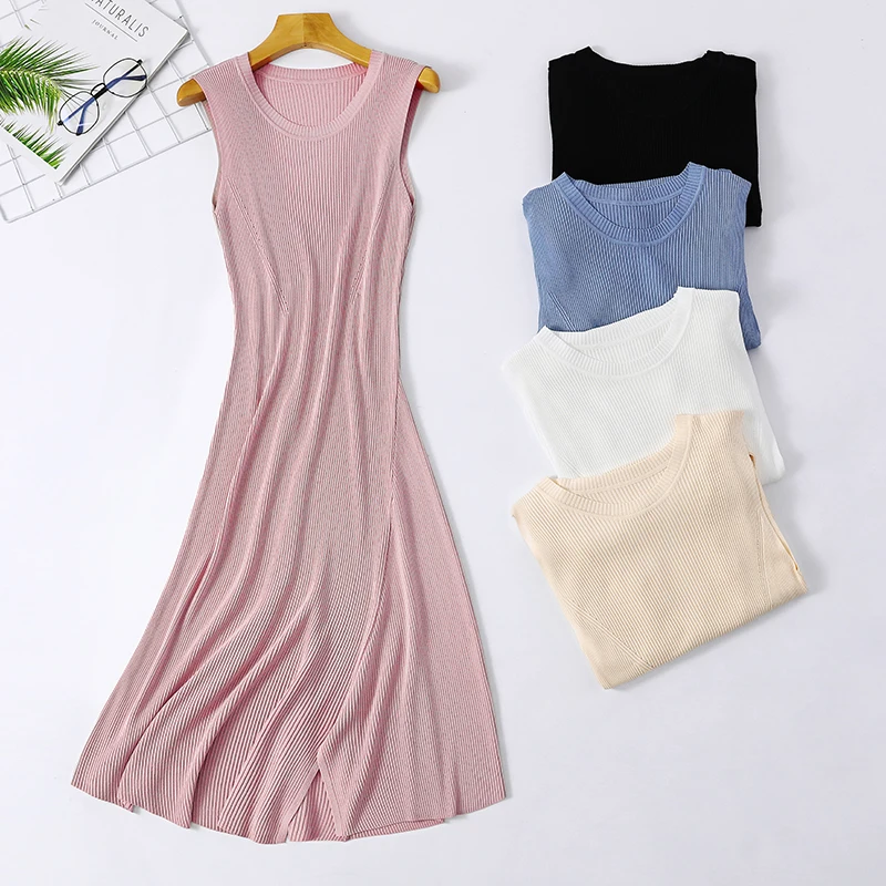 

Summer knit women maxi dress slim bodycon ice silk split irregular dresses o neck soft tank robe knitted party sexy blue dress