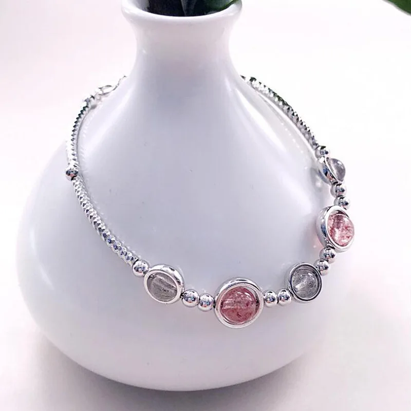 

FNJ Strawberry Quartz Beaded Bracelet 925 Silver 6mm/5mm bead Thai S925 Silver Bracelets for Women Jewelry about 19.5cm