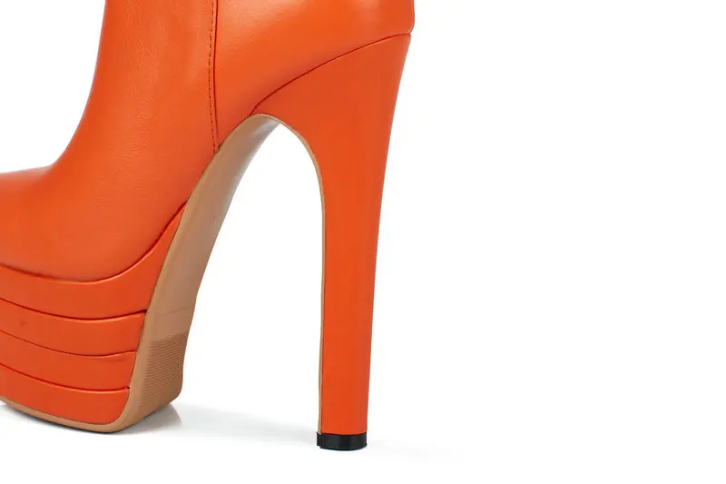 Роскошные женские ботильоны из натуральной кожи на платформе и высоком каблуке; модные пикантные вечерние свадебные полусапожки на блочном каблуке; цвет оранжевый