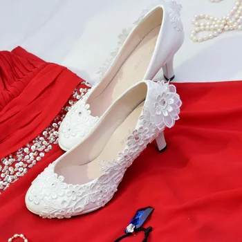 

flower white wedding shoes woman pump high heels ladies bridal shoes female pumps women shoes chaussure femme talon # 65