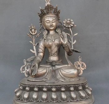 

18" Old Tibet Buddhism Silver White Tara Goddess Kwan-yin Guanyin Buddha Statue