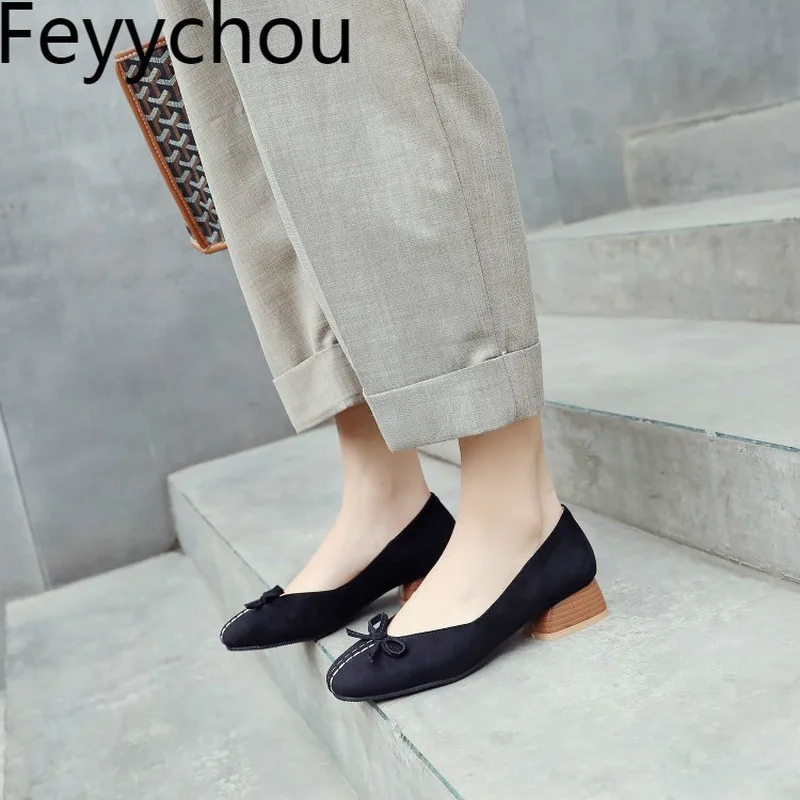 

Women's Pumps Med Heels Spring Autumn Flock Square Toe Butterfly-knot 2019 New Sexy Fashion Casual Black Beige Big Size 34-46