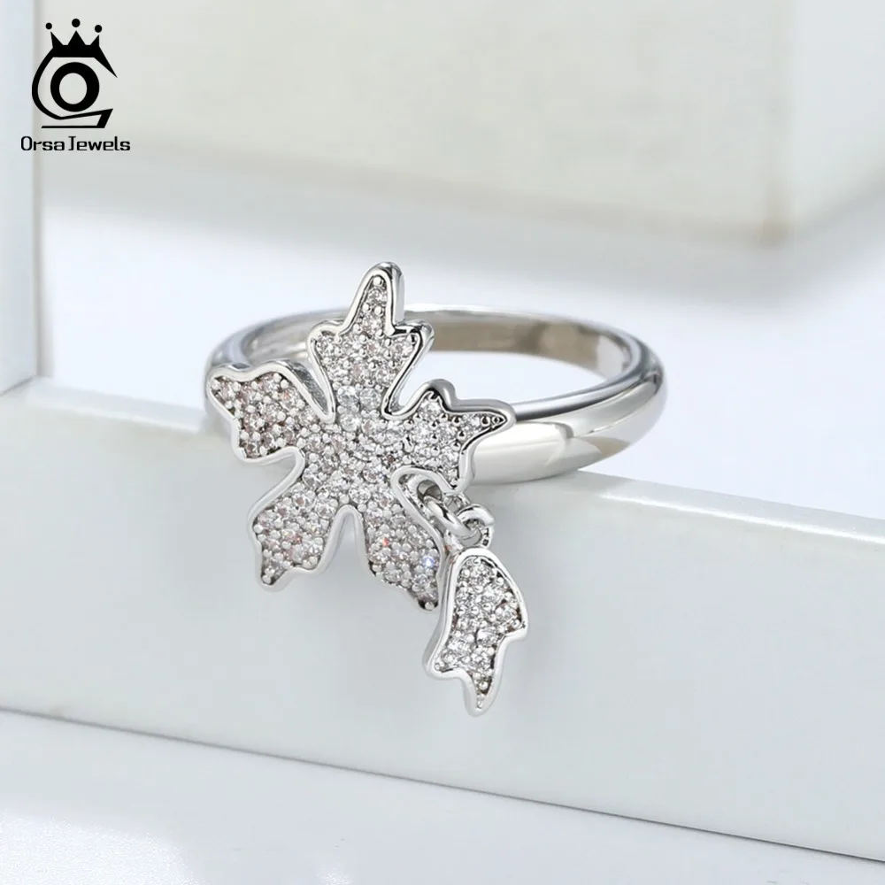 ORSA JEWELS Ring For Women Original Maple Pattern Rings Finger With Charms Luxury Dazzling AAA CZ Silver Color Jewelry OR182