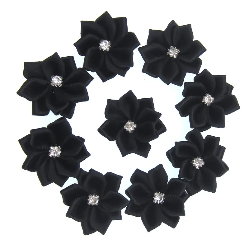 40Pcs Black Small Satin Flowers Fabric Rhinestone Flowers Appliques