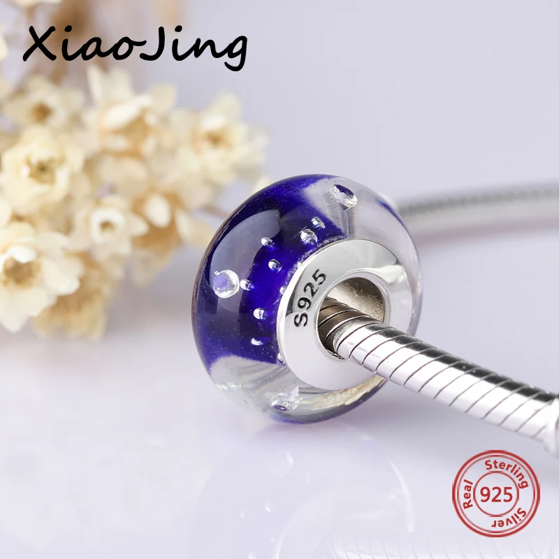 

100% silver 925 blue sparkling Murano glass beads with water droplets fit authentic European charms bracelet jewelry accessories