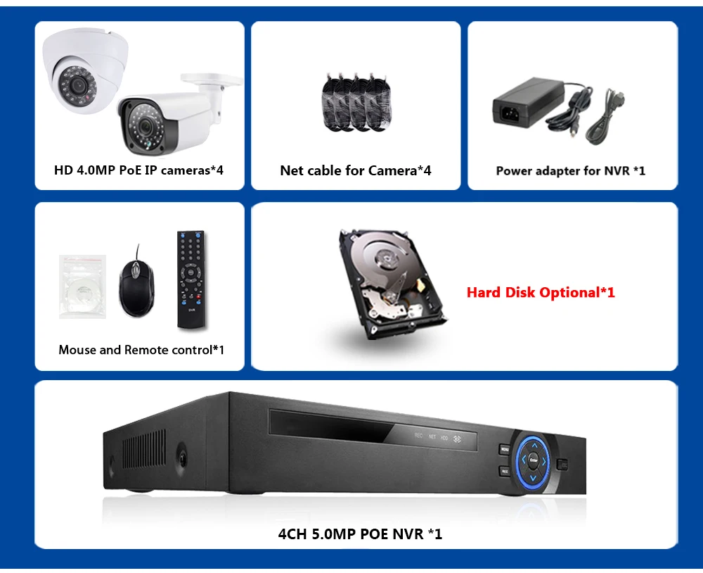 4CH 5MP POE NVR Kit Security Camera System 4.0MP IR Indoor Outdoor CCTV Dome Bullet POE IP Camera P2P Video Surveillance Set