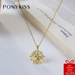 PONYKISS Винтаж 100% Серебро 925 пробы Новый Chic девушка выбивает круглый кулон цепочки и ожерелья для вечерние модные украшения прекрасный подарок