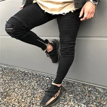 HOT 2019 Fashion Casual Fold knee high street men jeans ripped hole feet zipper leg pants hip hop streetwear men's trousers HOT 2019 Fashion Casual Fold knee high street men jeans ripped hole feet zipper leg pants hip hop streetwear men's trousers