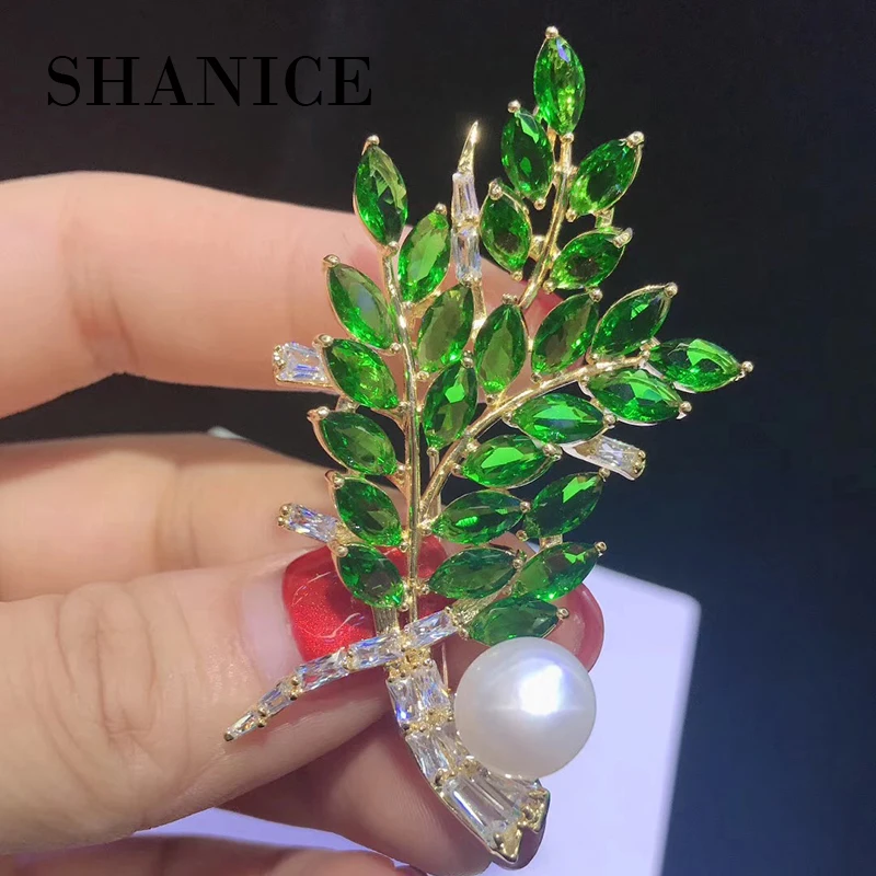 

SHANICE Big Size Leaves Brooch For Women Wedding Jewelry Green Crystal Brooches Bijuterias Fashion Women Enamel Hijab Pins