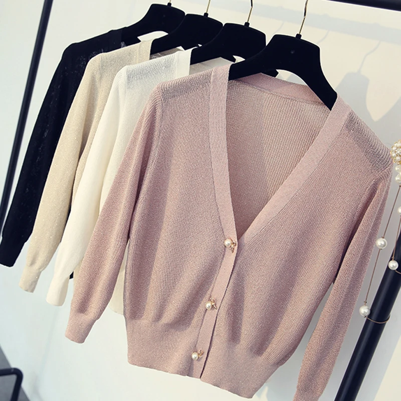 

New Summer Autumn Women Knitted Cardigans Bright Silk Shawl Short Knit Coat Female Slim Elegant Long Sleeve Thin Cardigan SF879