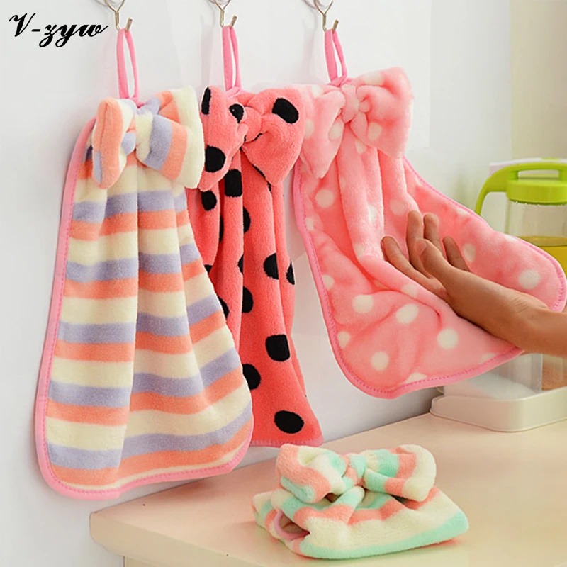Baby Face Towels Cute Bow Hanging Towel Thick Coral Velvet Cloth Kitchen Towel Super Absorbent
