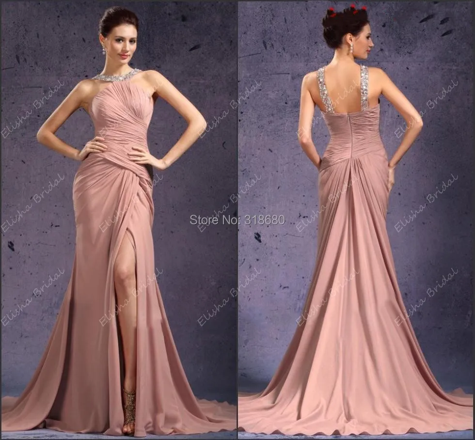 Halter Long Copper Chiffon Ruched Bodice Dress Party Evening Elegant