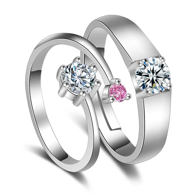 

1Pair Couple Rings Fashion Silver-color Adjustable Rings With White Crystal Romantic Wedding Ring For Lover's Jewelry Gift