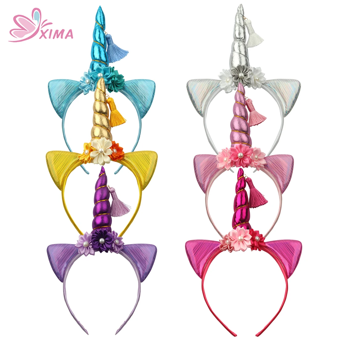 

XIMA 1PC New Design Leather Cat Ears with Pearl Flower Hairband Tassel Unicorn Headband for Christmas Party Hair Accessories