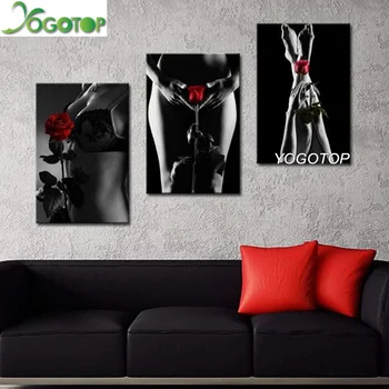 

YOGOTOP triptych DIY Diamond Painting Cross Stitch Kits Embroidery Square/Round Drill Black White Girl with Red Rose 3pcs ML577
